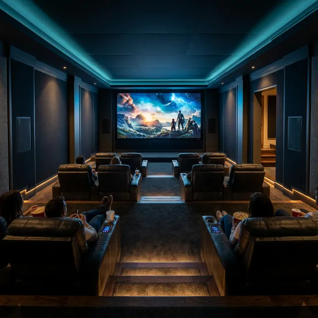 Luxurious Custom Home Theater setup with dark ambient lighting